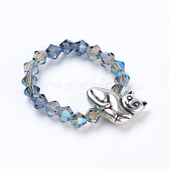Electroplate Faceted Glass Beads Rings, with Alloy Beads, Cat Shape, Light Sky Blue, Size 8, 18mm(RJEW-JR00217-01)