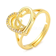 Heart with Letter Rack Plating Brass Micro Pave Cubic Zirconia Adjustable Rings for Women, Lead Free & Cadmium Free, Real 18K Gold Plated, Letter I, Inner Diameter: 16mm(RJEW-I105-06G-I)