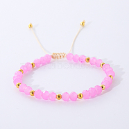 Bohemian Style Handmade Glass Braided Bead Bracelets for Women, with Brass Beads, Hot Pink(OL2464-4)