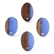 Resin & Walnut Wood Stud Earring Findings, with 304 Stainless Steel Pin, Oval, Cornflower Blue, 15x10mm, Hole: 1.8mm, Pin: 0.7mm(MAK-N032-004A-A08)