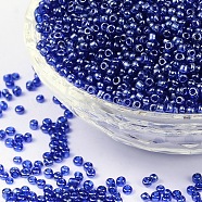 (Repacking Service Available) Glass Seed Beads, Trans. Colours Lustered, Round, Blue, 12/0, 2mm, Hole: 1mm, about 12G/bag(SEED-C015-2mm-108)