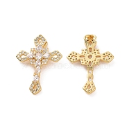 Rack Plating Brass Micro Pave Cubic Zirconia Pendants, with Jump Ring, Long-Lasting Plated, Real 18K Gold Plated, Cadmium Free & Lead Free, Religion Cross Charm, Clear, 24.5x18.5x5mm, Hole: 2x1mm(KK-C008-32G-02)