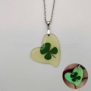Glow in the Dark Resin Heart with Clover Pendant Necklace, Cable Chain Necklaces(TU8342-1)