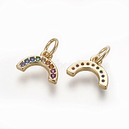 Brass Cubic Zirconia Charms, Long-Lasting Plated, Curved, Colorful, Real 18K Gold Plated, 7.3x10x1.6mm, Hole: 3.5mm(ZIRC-E162-14G)