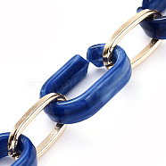 Handmade Acrylic & Aluminium Cable Chains, Imitation Gemstone, Flat Oval, for Jewelry Making, Light Gold, Marine Blue, Link: 18.5x11.5x4.5mm, 14.5x8.5x1.5mm, about 39.37 inch(1m)/strand(AJEW-JB00560-01)