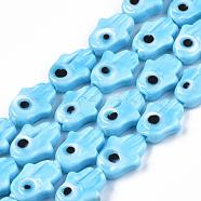 Handmade Evil Eye Lampwork Beads Strands, Hamsa Hand, Deep Sky Blue, 14x10x4mm, Hole: 1mm, about 28pcs/strand, 14.65~14.96 inch(37.2~38cm)(LAMP-WH0006-06F)