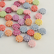 Craft Style Acrylic Beads, Flat Round with Flower, Mixed Color, 10x3mm, Hole: 1.6mm, about 2400pcs/500g(MACR-Q157-M37)
