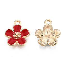 Eco-Friendly Zinc Alloy Pendants, with Enamel, Cadmium Free & Nickel Free & Lead Free, 5- Petal Flower, Light Gold, Red, 16x13x3mm, Hole: 1.8mm(FIND-N048-44B-NR)