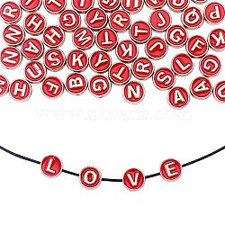Alloy Enamel Beads, Flat Round with Letter, Light Gold, Red, 8x3.5mm, Hole: 1.4mm, 50pcs/box(ENAM-CJ0001-96D)