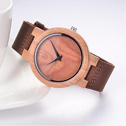 Leather Wristwatches, with Wooden Watch Head and Alloy Findings, Camel, 255x23x2mm, Watch Head: 54.5x48x12mm, Watch Face: 37mm(WACH-K008-15)
