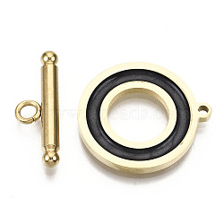 201 Stainless Steel Toggle Clasps, with Enamel, Ring, Real 18K Gold Plated, Black, Ring: 22x20x2mm, Hole: 1.5mm, Bar: 21x7x3mm, Hole: 2mm(STAS-R115-14B-G)