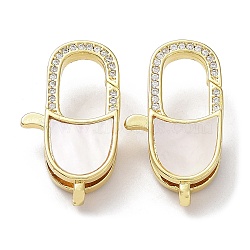 Rack Plating Brass Micro Pave Clear Cubic Zirconia Lobster Claw Clasps, with Natural Shell, Cadmium Free & Lead Free, Long-Lasting Plated, Real 18K Gold Plated, Cat Shape, 24x13.5x5mm, Hole: 3x1.5mm(KK-F858-06B-G)