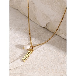 Mother's Day 304 Stainless Steel with Natural Freshwater Pearl Necklaces, Word Mama Pendant Necklaces, Golden, 15.75 inch(40cm)(FS-WG5F984-01)