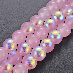 Spray Painted Glass Beads Strands, AB Color Half Plated, Round, Pearl Pink, 8x7.5mm, Hole: 1.4mm, about 50~51pcs/strand, 14.57~14.96 inches(37~38cm)(GGLA-S058-001C-01)