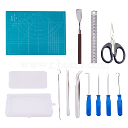 Vinyl Tool Kits, with PVC Cutting Mat, Scissors, Ruler, Metal Shovel, Scraper Tool, Double Head Needle Crochet, Scraper Hook Pick Up Tool, Curved & Straight Tweezer, Bead Storage Containers, Mixed Color, 10x17.5x2.2cm(TOOL-YW0001-08)