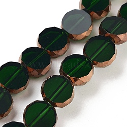 Transparent Glass Beads Strands, Flat Rounnd, Faceted, Dark Green, 9.5~10x3.5~4mm, Hole: 1.4mm, about 40pcs/strand, 14.09~14.49''(35.8~36.8cm)(GLAA-H032-01-02)