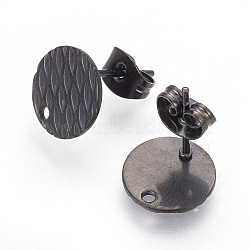 304 Stainless Steel Ear Stud Findings, Textured Flat Round with Pineapple Grain, Electrophoresis Black, 8mm, Hole: 1.2mm, Pin: 0.8mm(STAS-O119-16B-B)