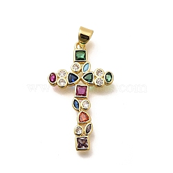 Rack Plating Brass Micro Pave Cubic Zirconia Pendants, Long-Lasting Plated, Lead Free & Cadmium Free, Cross Charms, Real 18K Gold Plated, 32x18.5x2.5mm, Hole: 5x3mm(KK-L226-005G-07)