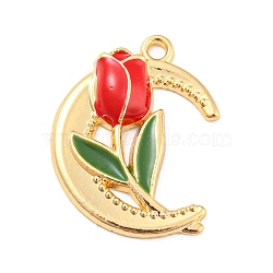 Alloy Enamel Pendants, Golden, Moon with Rose Charm, Red, 20.5x16x3.5mm, Hole: 1.5mm(ENAM-G224-01G-03)