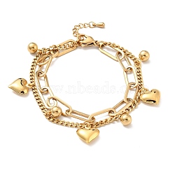 Heart and Round Ball Charm Multi-strand Bracelet, PVD Vacuum Plating 304 Stainless Steel Double Layered Chains Bracelet for Women, Long-Lasting Plated, Golden, 7-1/2 inch(19cm)(BJEW-G639-24G)