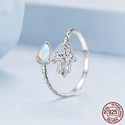 Hamsa Hand & Teardrop 925 Sterling Silver Cubic Zirconia & Opal & Moonstone Cuff Rings, Platinum, Inner Diameter: 18mm(FS-WG148EA-01)