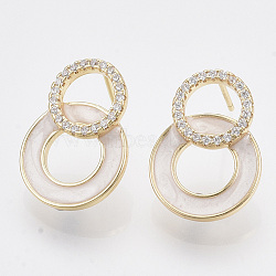 Brass Micro Pave Clear Cubic Zirconia Stud Earring Findings, with Enamel and Loop, Nickel Free, Ring, Real 18K Gold Plated, 19x14mm, Hole: 1mm, Pin: 0.8mm(KK-T054-40G-NF)