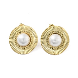 Flat Round Real 14K Gold Plated 304 Stainless Steel Stud Earrings, with Natural Shell, WhiteSmoke, 26x25.5mm(EJEW-P258-32G-01)
