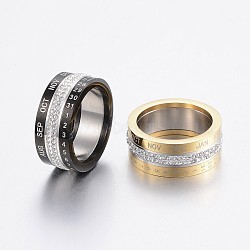 Rotatable 304 Stainless Steel Rings, Spinner Rings, with Polymer Clay Rhinestone, Wide Band Rings, Number & Month, Mixed Color, Size 6~10, 16~20mm(RJEW-P063-38)