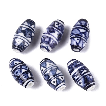 Handmade Porcelain Beads, Blue and White Porcelain, Famille Rose Porcelain, Oval with Geometric Triangle Pattern, Royal Blue, 15.5~16x8~8.5mm, Hole: 2.2~2.4mm