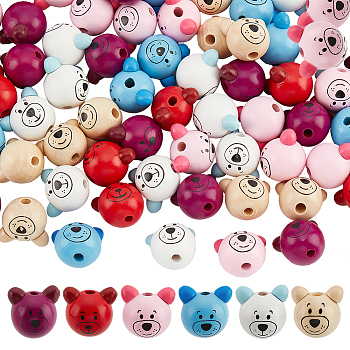 72Pcs 6 Styles Printed Natural Wooden Beads, Bear Head, Dyed, Mixed Color, 26~27x26~28x23.5~25.5mm, 12pcs/color