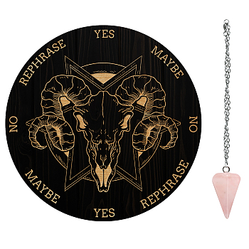 AHADEMAKER Dowsing Divination Supplies Kit, Including PVC Plastic Pendulum Board, 304 Stainless Steel Cable Chain Necklaces, Cone/Spike Natural Rose Quartz Stone Pendants, Goat Pattern, Board: 200x4mm