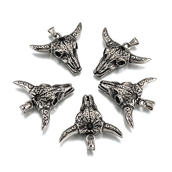 316 Surgical Stainless Steel Big Pendants, Cattle Skull, Antique Silver, 43x50x11mm, Hole: 8x4mm
