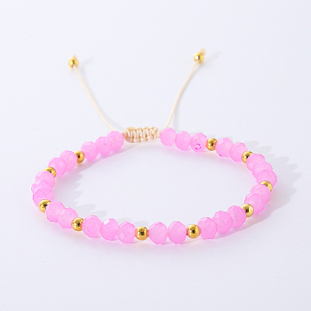 Bohemian Style Handmade Glass Braided Bead Bracelets for Women, with Brass Beads, Hot Pink