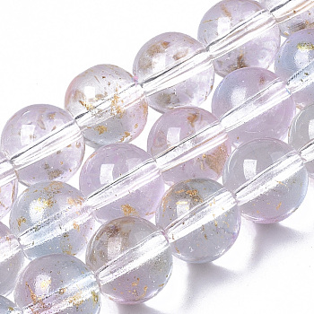 Transparent Spray Painted Glass Bead Strands, with Golden Foil, Round, Lavender Blush, 10~11mm, Hole: 1.4~1.6mm, about 39~42pcs/Strand, 14.84 inch~15.27 inch(37.7~38.8cm)