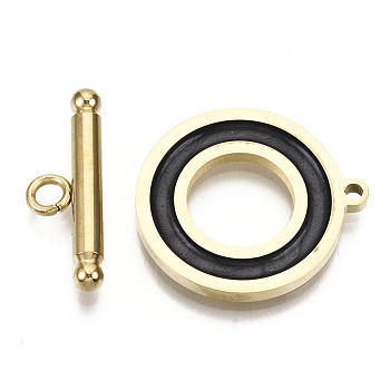 201 Stainless Steel Toggle Clasps, with Enamel, Ring, Real 18K Gold Plated, Black, Ring: 22x20x2mm, Hole: 1.5mm, Bar: 21x7x3mm, Hole: 2mm