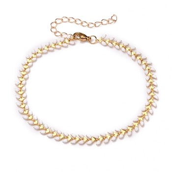 Brass Enamel Cobs Chain Anklets, with 304 Stainless Steel Lobster Claw Clasps, White, Real 18K Gold Plated, 8-1/2 inch(21.6cm)