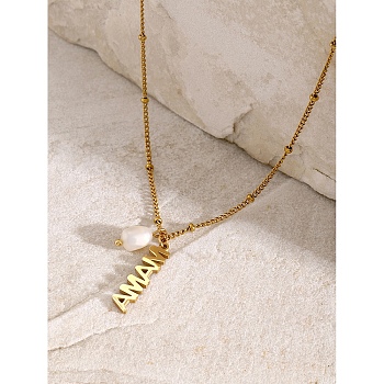 Mother's Day 304 Stainless Steel with Natural Freshwater Pearl Necklaces, Word Mama Pendant Necklaces, Golden, 15.75 inch(40cm)