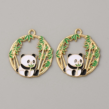 Alloy Enamel Pendants, Panda Bamboo Charm, Light Gold, Green, 28x25x1.5mm, Hole: 2mm