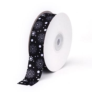 Single Face Printed Polyester Grosgrain Ribbons, Christmas Pattern, Snowflake, Black, 1 inch(25mm), about 20yards/roll(18.288m/roll)