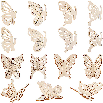 Butterfly Unfinished Wood Decorations for Craft Supplies, Cornsilk, Finished Product: 54~71x80~81x35~48mm, 80~81x45~59x2.5mm, 24pcs/set