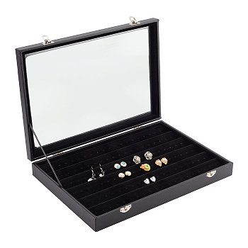 Rectangle Imitation Leather Earring Presentation Box, Clear Window Earring Organizer Case with Velvet Inside and Alloy Clasps, Black, 24.2x34.7x5cm