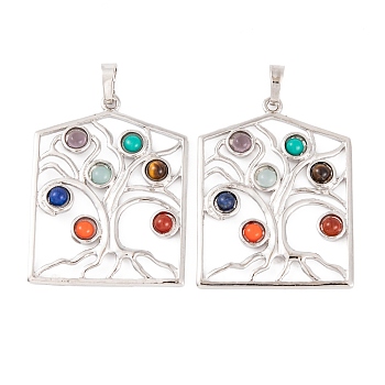 Chakra Natural Tiger Eye & Natural Lapis Lazuli & Natural Carnelian & Synthetic Turquoise & Glass Pendants, Rack Plating Alloy Tree Charms, Long-Lasting Plated, Lead Free & Cadmium Free, Platinum, 44x34x4mm, Hole: 8x5mm