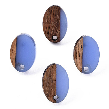Resin & Walnut Wood Stud Earring Findings, with 304 Stainless Steel Pin, Oval, Cornflower Blue, 15x10mm, Hole: 1.8mm, Pin: 0.7mm