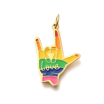 Pride 304 Stainless Steel Enamel Pendants, Rainbow Color, with Jump Ring, Word Love, Palm, 22x15x1.5mm, Hole: 3.5mm