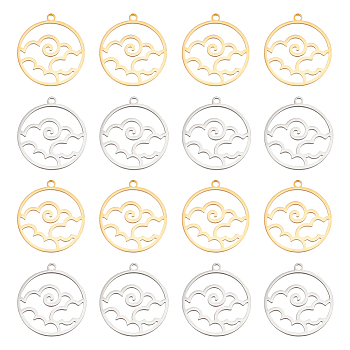16Pcs 2 Colors 304 Stainless Steel Pendants, Hollow, Round Ring with Sea Waves Charm, Golden & Stainless Steel Color, 26.5x24x1.5mm, Hole: 2mm, 8pcs/color
