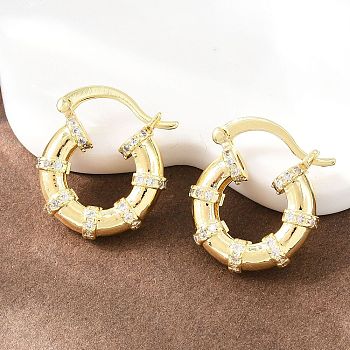 Bamboo Brass Micro Pave Clear Cubic Zirconia Hoop Earrings, Long-Lasting Plated, Rack Plating, Lead Free & Cadmium Free, Real 18K Gold Plated, 20.5x17.5x5mm