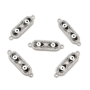 Brass Micro Pave Clear Cubic Zirconia Connector Charms with Enamel, Oval Links with Evil Eye, Platinum, Black, 24.5x7x2.8mm, Hole: 1.4mm
