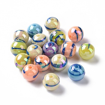 UV Plating Rainbow Iridescent Drawbench Acrylic Beads, Round, Medium Blue, 12x11~11.5mm, Hole: 2mm