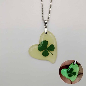 Glow in the Dark Resin Heart with Clover Pendant Necklace, Cable Chain Necklaces