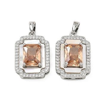 Brass Micro Pave Cubic Zirconia Pendants, with Shell, Rectangle Charm, Platinum, 20x14x7mm, Hole: 4.5x2.5mm